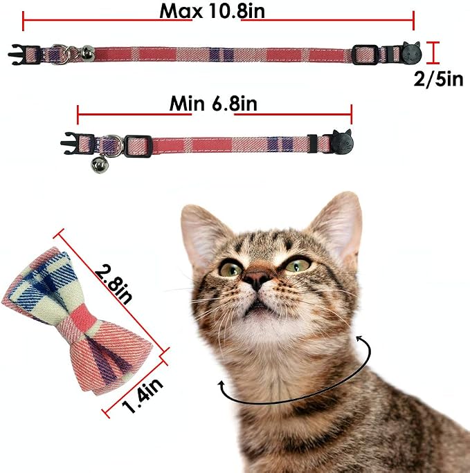 Cat Collar Breakaway with Bell and Bow Tie, Plaid Design Adjustable Safety - Image 7