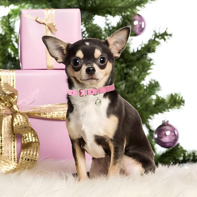 Pink Small Dog Collar with Bell, Soft Pu Leather Cat Collars Adjustable Buckle - Image 2