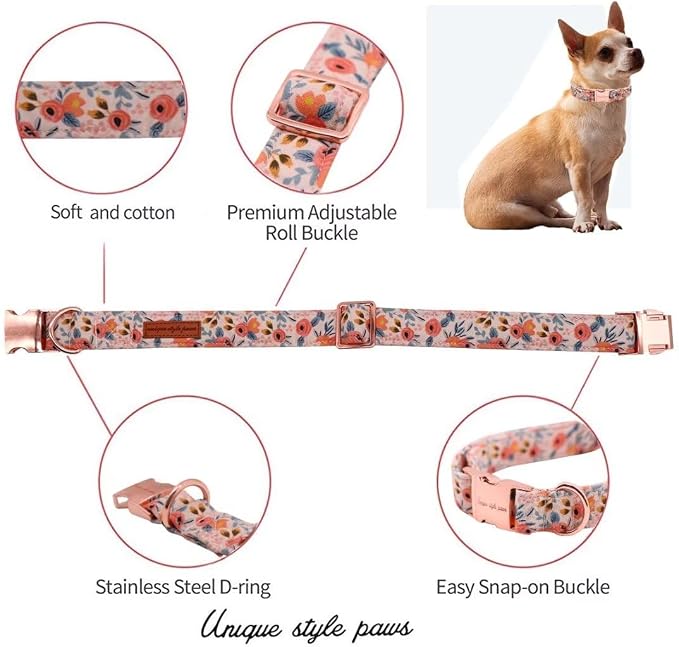 Unique style paws Dog Collar Metal Buckle Pink Rose Collar Flower Gift Durable - Image 2