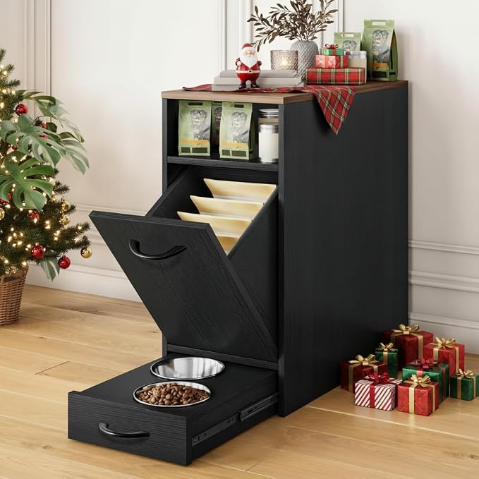 DWVO Dog Feeding Station with Storage, Dog Food Cabinet with 2 Feeder Bowls by DWVO