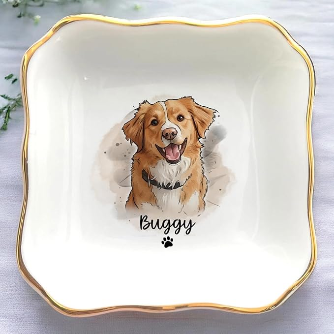 Custom Dog Cat Portrait Ring Dish, Personalized Pet Trinket Dish by Anniversaree