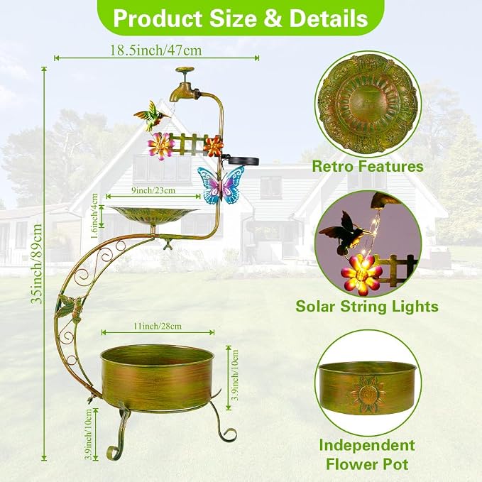 VEWOGARDEN Bird Bath for Outside, Solar Metal Outdoor Standing Birdbath - Image 3