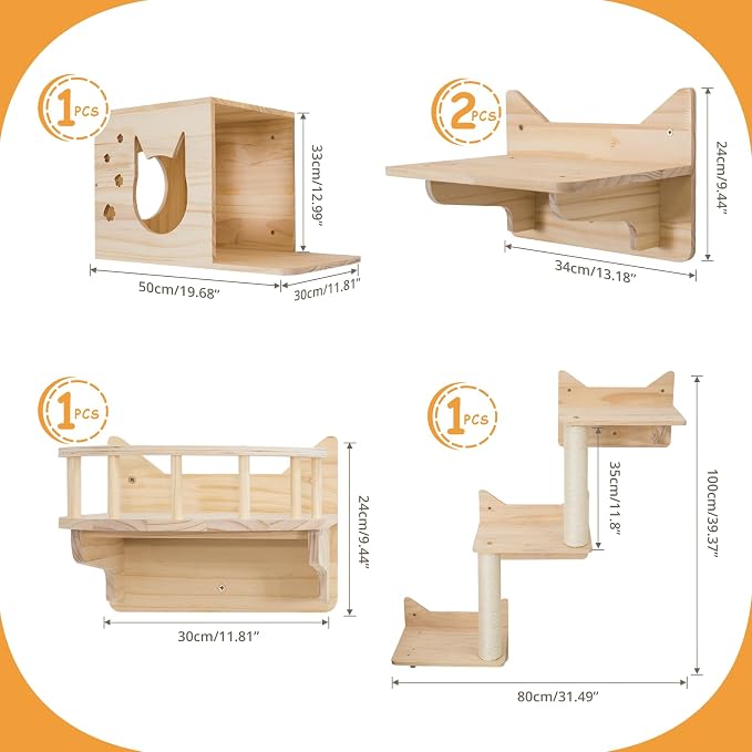 Cat Wall Shelves for Large Cats – Pine Cat Wall Furniture 9-Piece Climber Set - Image 2