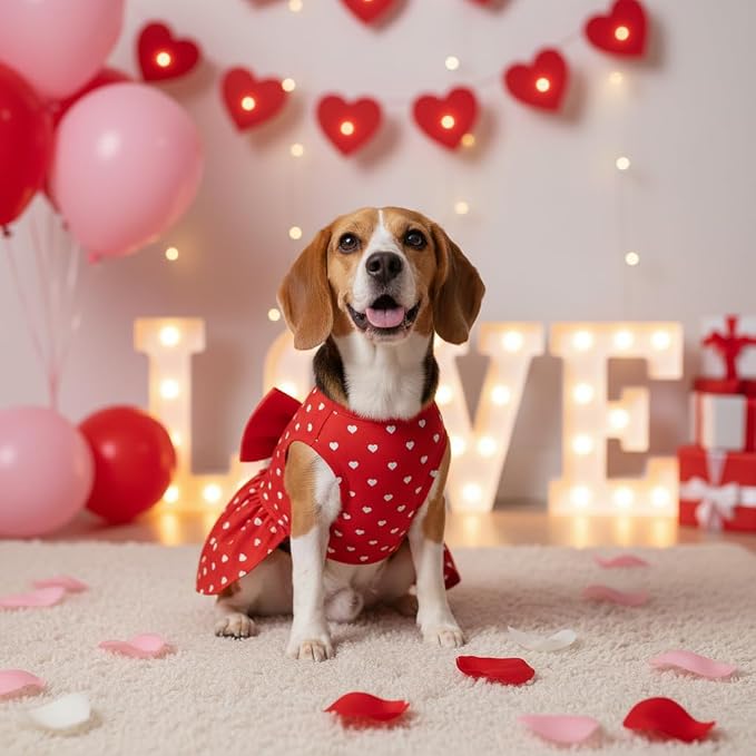 Valentine's Day Red Dog Dress, Cute White Heart Print & Satin Bow - Image 8