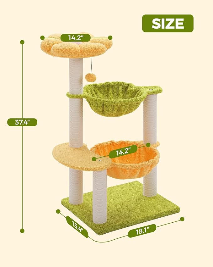 Flower Cat Tree with 2 Large Hammocks, 37.4" Small Cat Tower - Image 7