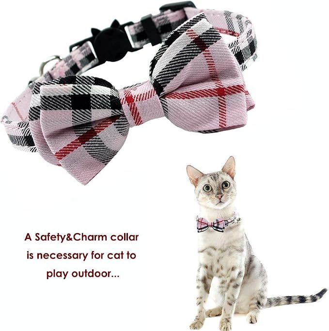 Cat Collar Breakaway with Bell and Bow Tie, Plaid Design Adjustable Safety - Image 3
