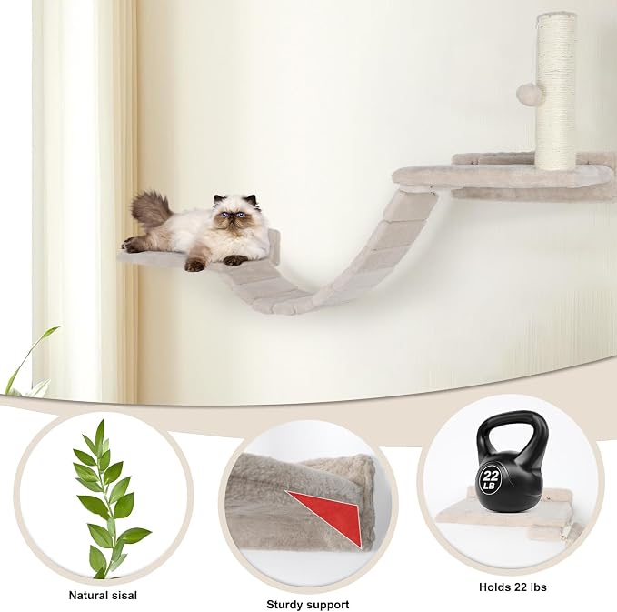 Cat Wall Shelves Climber Systems, Bridge Ladder, Wooden Platform and Hanging - Image 4