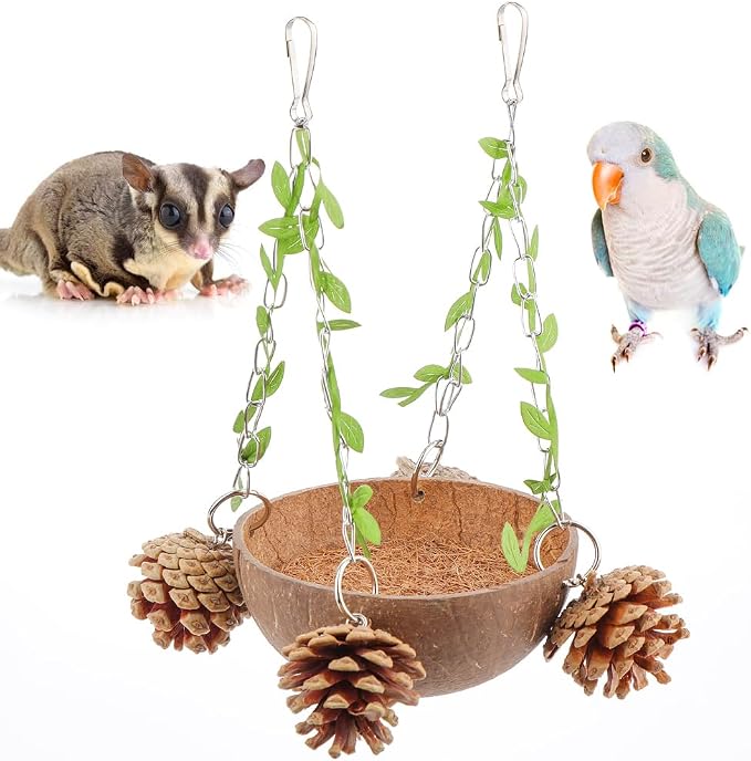 Bird Natural Coconut Nest Sugar Glider Hanging Swing Toy by VTurboWay