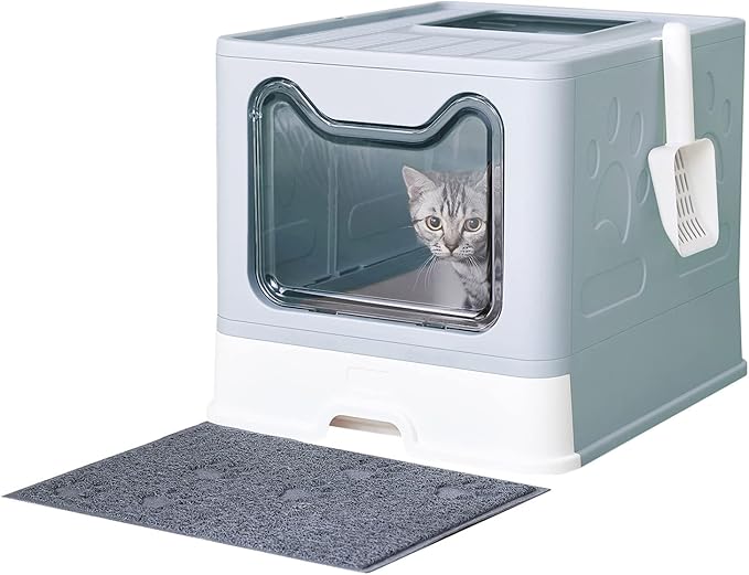 Cat Litter Box with Litter Mat and Scoop, Large Covered Litter Box with Lid by Medario