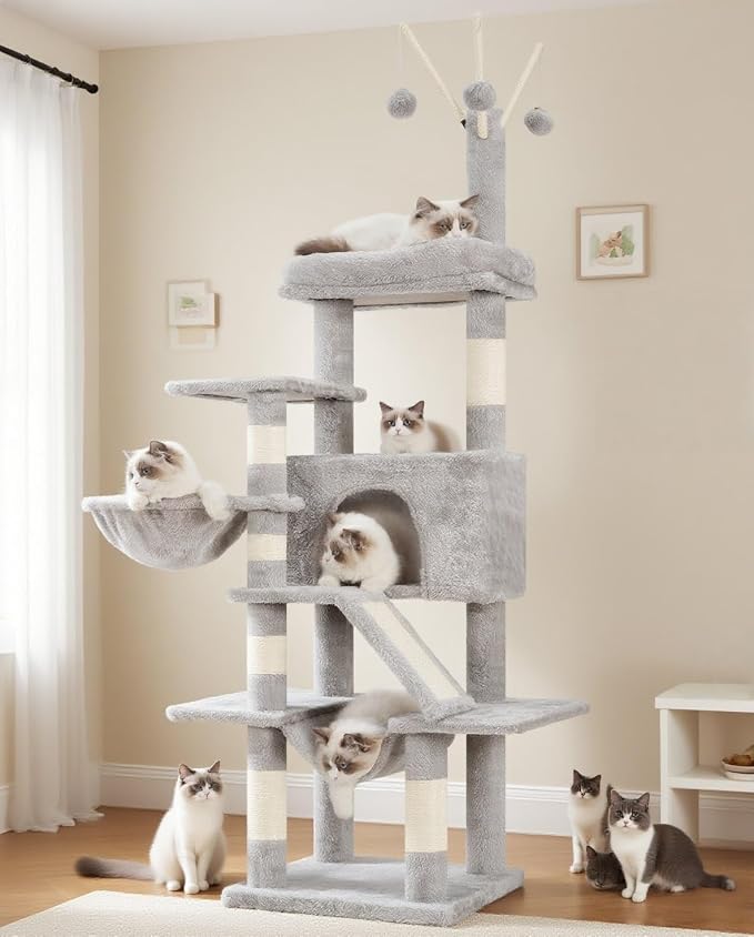 Cat Tree, Cat Condo with Cat Scratching Post and Board, Cat Hammock, Light Gray by Gitelnour