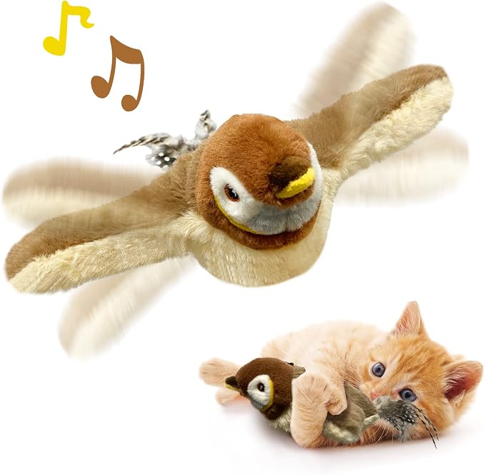 Cat Toys, Flapping Wings Sparrow, No Flying, Chirping Bird Interactive Catnip by KreizyGo