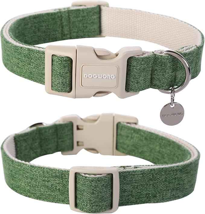 DOGWONG Cotton Hemp Dog Collar, Heavy-Duty Green Dog Collar Adjustable Soft
