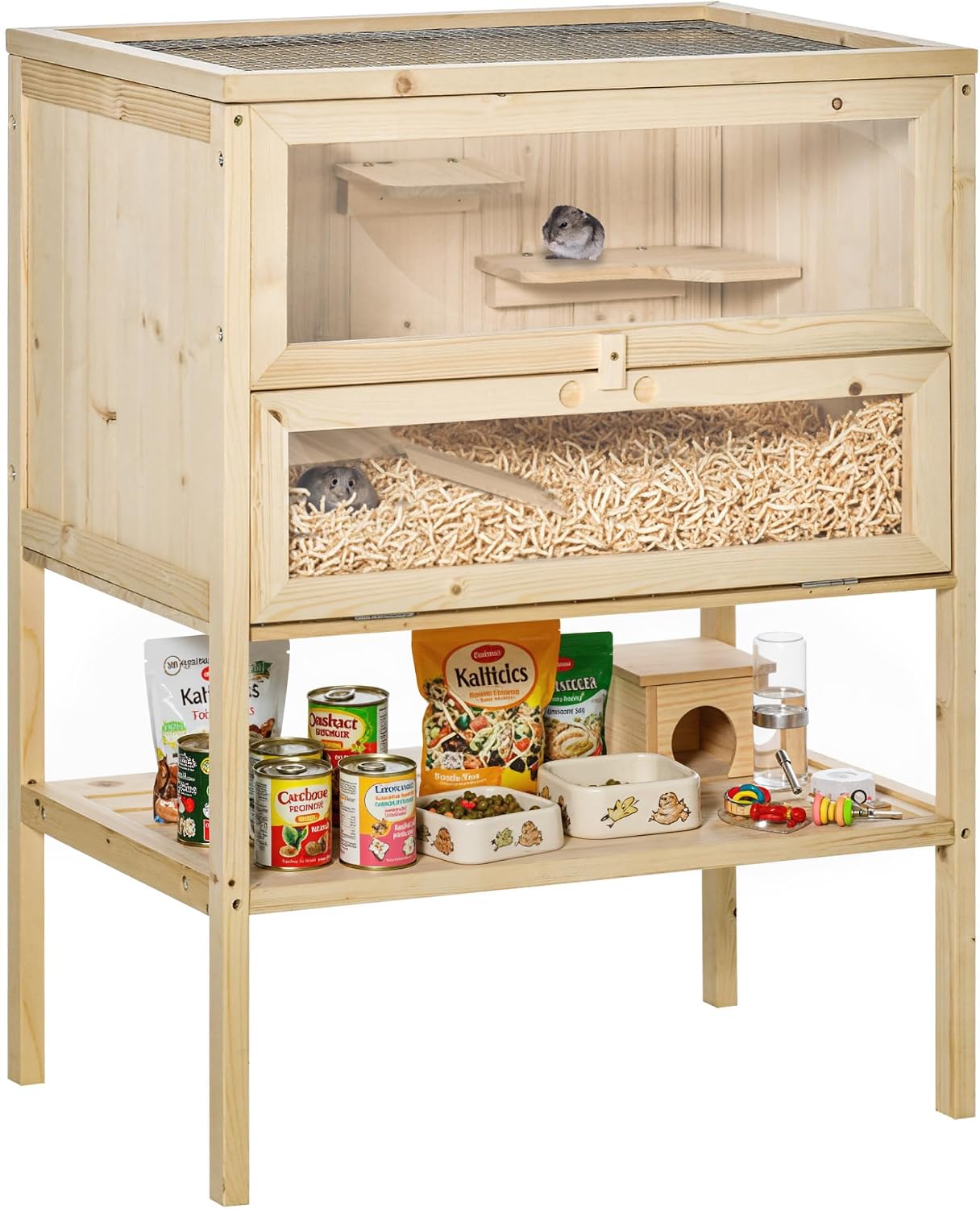 PawHut 3-Tier Wooden Hamster Cage with Storage Shelf - GlobalHabitat Supply