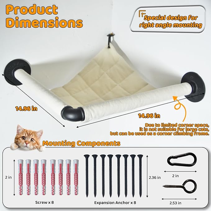 Wall Corner Cat Hammock Wall Mounted, 14.96 x 14.96 inch Wall Mounted Shelves - Image 2