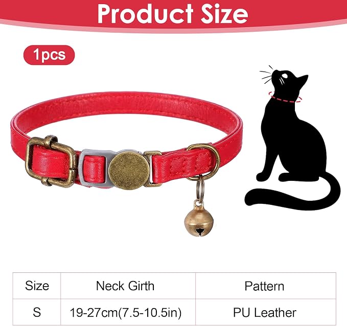 Red Cat Collar, Breakaway Leather Cat Collar Adjustable Red Kitten Collars - Image 2