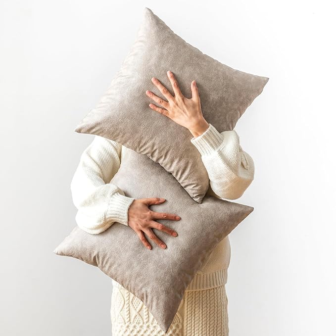 Pack of 2 Neutral Decorative Faux Leather Throw Pillow Covers, Boho Luxury by GEGELICA