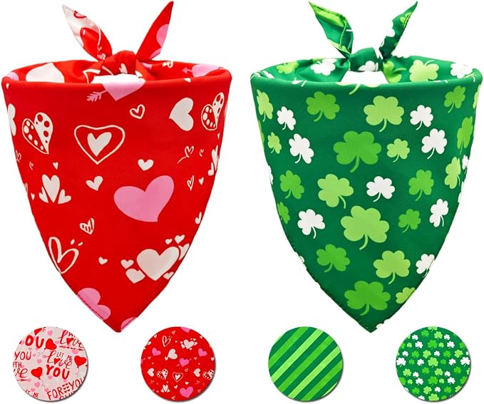 Valentine's & St. Patrick's Day Dog Bandana Set 2PCS-XLarge, Holiday Party by CozyHaus