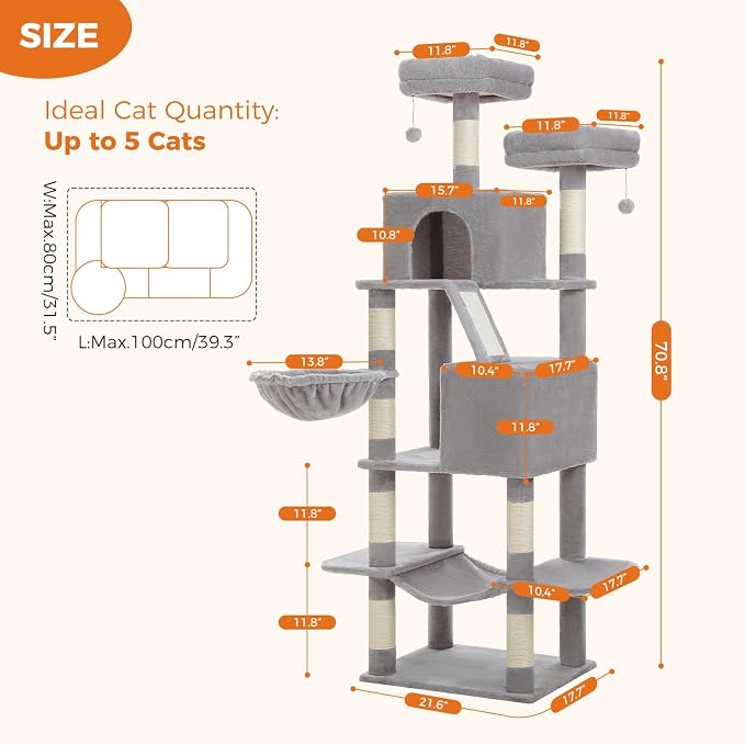 70.8" Tall Cat Tree for Indoor Cats Large Adult, and Sisal Scratching Posts - Image 2
