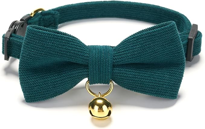 Soft Corduroy Cat Collar with Bell and Bowtie, Safety Breakaway Clasp, by Petiry