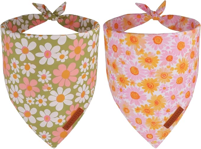 ADOGGYGO Floral Dog Bandanas 2 Pack, Daisy Flower Pet Scarf, Premium Fabric by ADOGGYGO