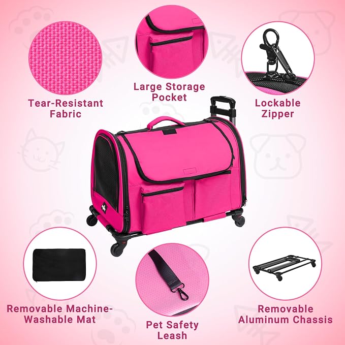 Large Pet Carrier with Wheels, Foldable Rolling Dog Carrier with Big Pocket - Image 3