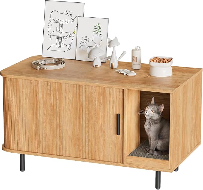 Cat Litter Box Enclosure with Cat Scratch Pad, Sliding Door, 37.4" Litter Box - Image 9