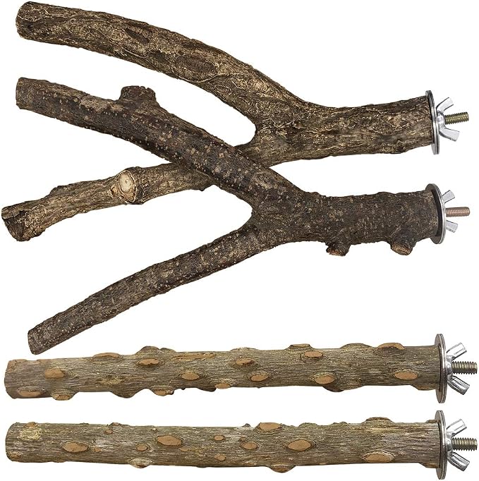 Bird Perch 4 PCS Natural Wood Stand Parakeet Toys Bird Cage Accessories by LiMio
