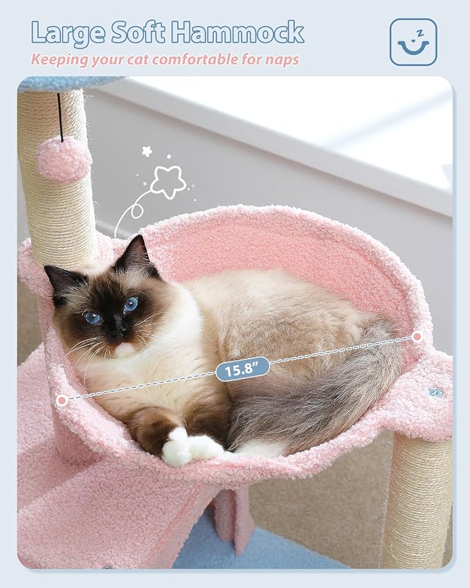 Flower Cat Tree with Large Metal Frame Hammock, Cat Condo with Blue Top Perch - Image 4