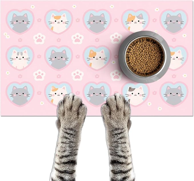 Cat Feedings Mats 20x12 inch Pink Kitten Print Pet Bowl Placemat Non Slip Mat by HOMETITUTE