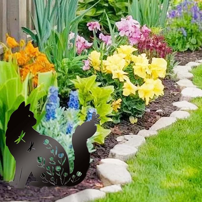 Bnesi Floral Long-Haired Cat Yard Decor Pet Grave Markers Metal Sign Silhouette - Image 7