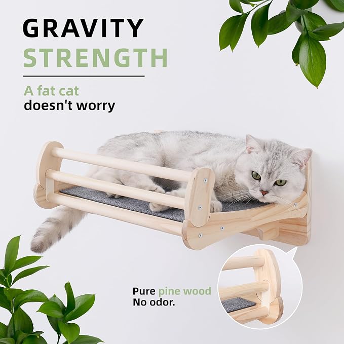 Pine Cat Wall Shelves with Scratch Mat, Wall-Mounted Cat Shelves, Space-Saving - Image 5