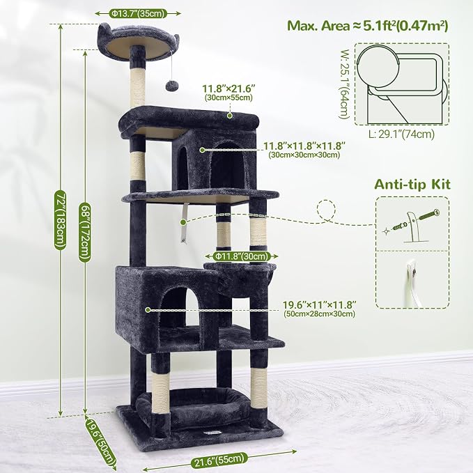 Globlazer Heavy Duty Cat Trees for Large Cats, Sturdy 72in Maine Coon Cat Tree - Image 6