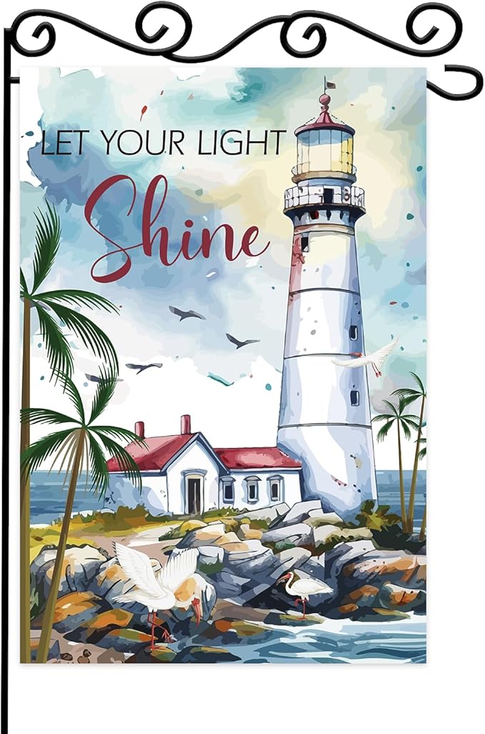 Bible Verse Let Your Light Shine Garden Flag, Beach Coastal Lighthouse by WPCTYQ