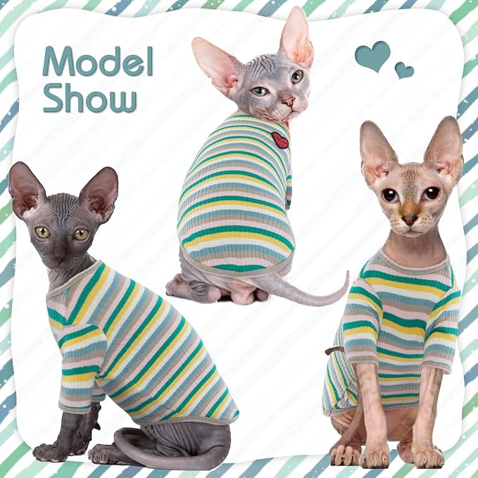DENTRUN Hairless Cats Shirt Breathable Cat Daily Wear Clothes Stripe Vest - Image 3