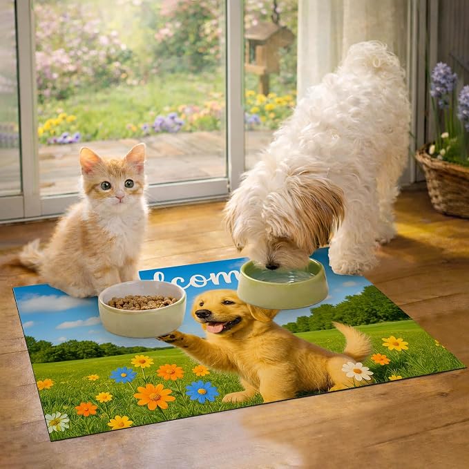 Welcome Spring Pet Feeding Mat 24" x 16" Non Slip Dog and Cat Food Mat Easy - Image 4