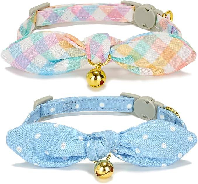 Bowtie Cat Collar with Bell, 2 Pack Cotton Breakaway Kitten Collars with by YUDOTE