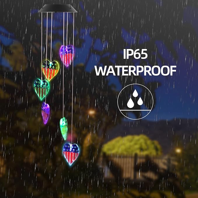 American Flag Solar Wind Chimes, Heart-Shaped Love Patriotic Wind Chime Color - Image 8
