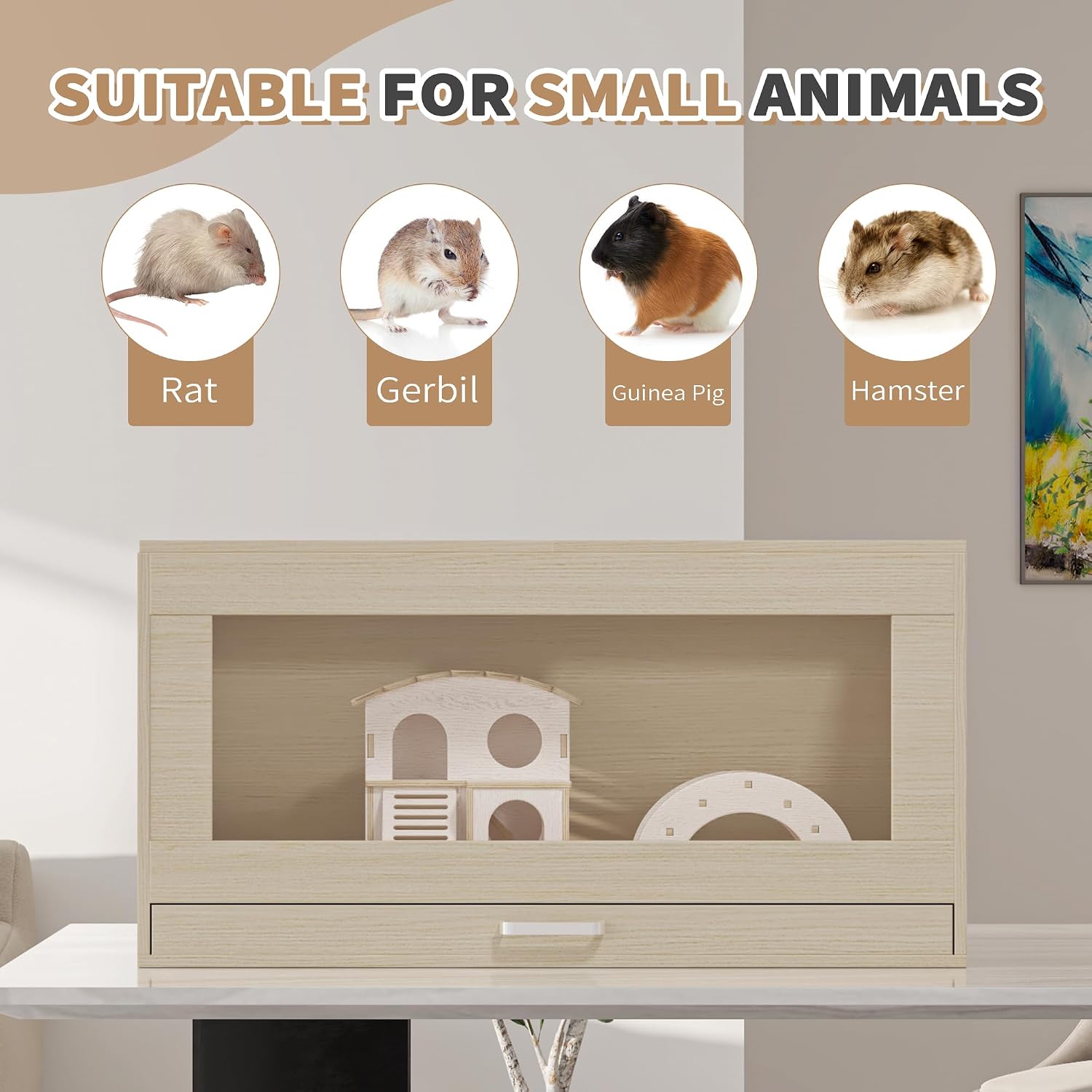 Wooden Hamster Cage with Storage Cabinet (Teak) - GlobalHabitat Supply