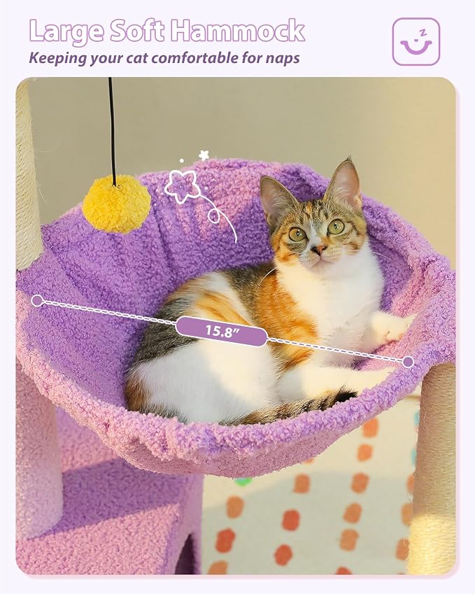 Purple Flower Cat Tree for Small Indoor Cats w/Large Metal Frame Hammock - Image 4
