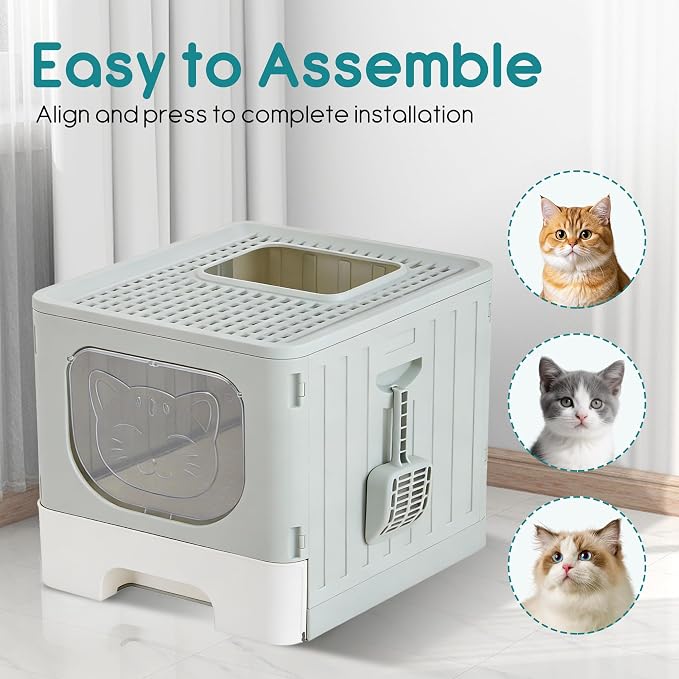 OLIXIS Cat Litter Box with Lid, Large Foldable Cat Box with Litter Scoop - Image 6
