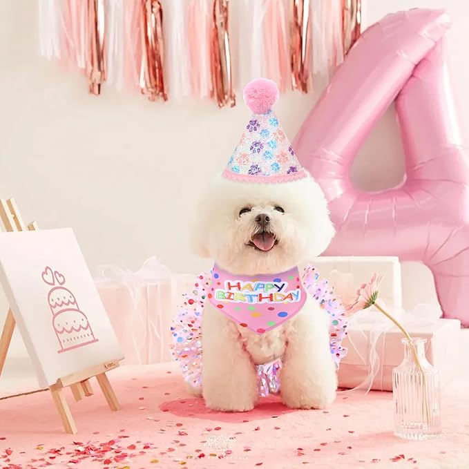 Dog Birthday Bandana with Hat and Dress Girl Set Puppy Birthday Party Supplies - Image 4