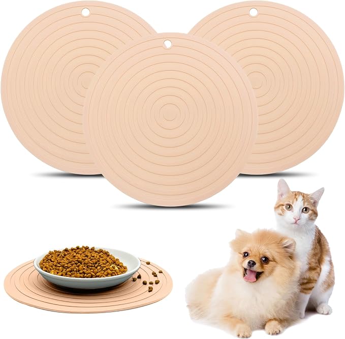 Fhiny 3PCS Silicone Pet Food Mat, 9.5" Round Waterproof Non-Slip Dog Cat Bowl by Fhiny