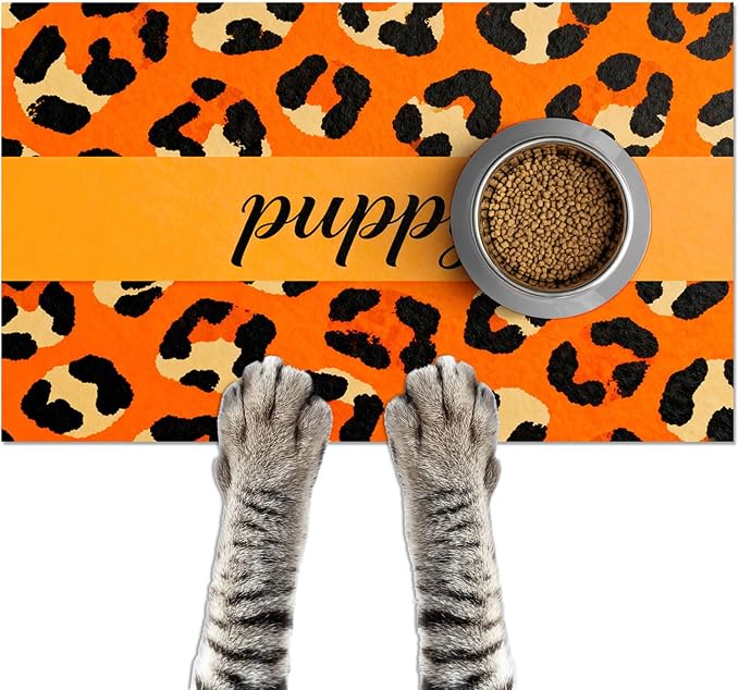 Puppy Feeding Mat 20x12 inch Orange Leopard Print Dog Bowl Placemat Non Slip Mat by HOMETITUTE