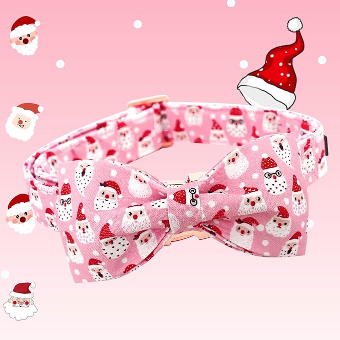 Dog Collar, Christmas Pink Santa Claus Cotton Pet Collar Bow Holiday Girl Boy - Image 3