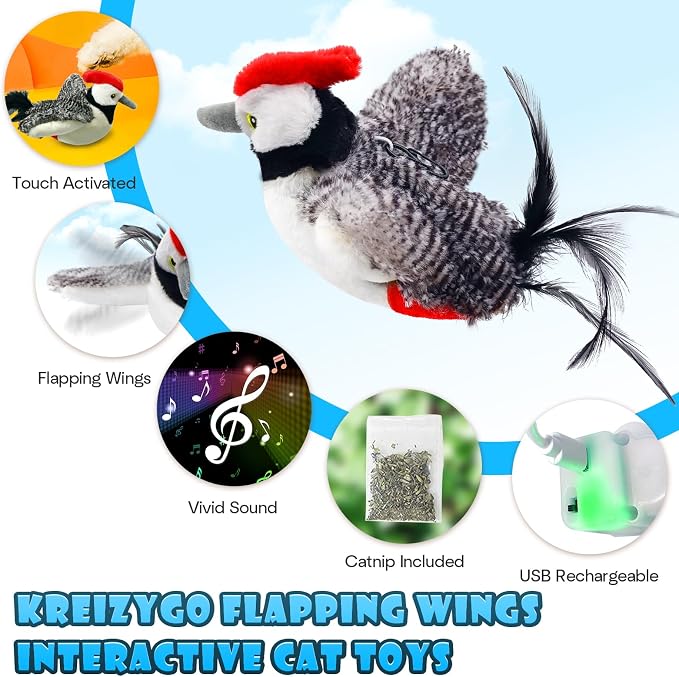 Cat Toys, Flapping Wings Woodpecker, No Flying, Chirping Bird Interactive - Image 2