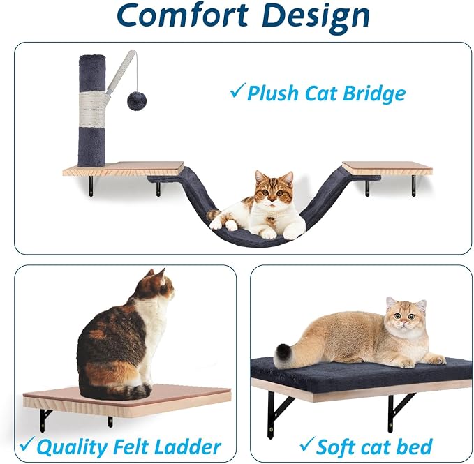 Cat Wall Shelves, Solid Wood Cat Wall Furniture Set, - Image 5