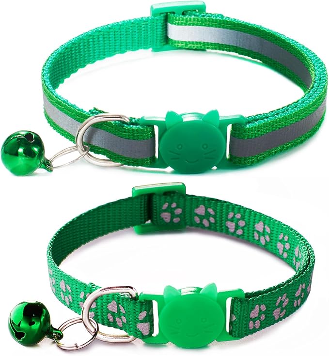 Green Cat Collars with Bells, Break Away Cat Collar with Bells, Reflective by YOUALSO