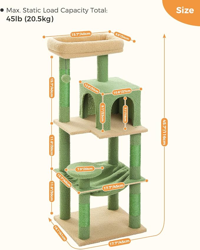 Cactus Cat Tree for Indoor Cats, 45.7" Multi-Level Cat Tower - Image 6