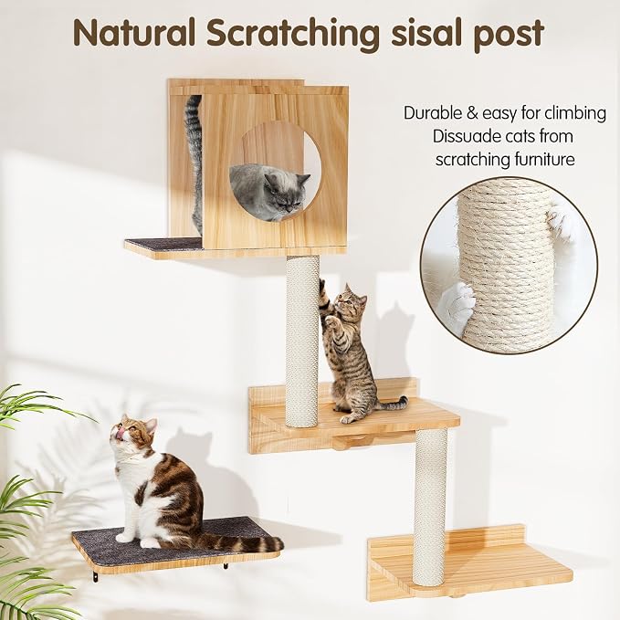 Wall Mounted Cat Tree 47” Tall, Cat Activity Tree Tower Set: Scratching Post - Image 3