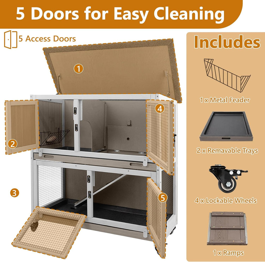 2-Story Wooden Rabbit Cage with 2 Pull-Out Trays, 4 Wheels - GlobalHabitat Supply